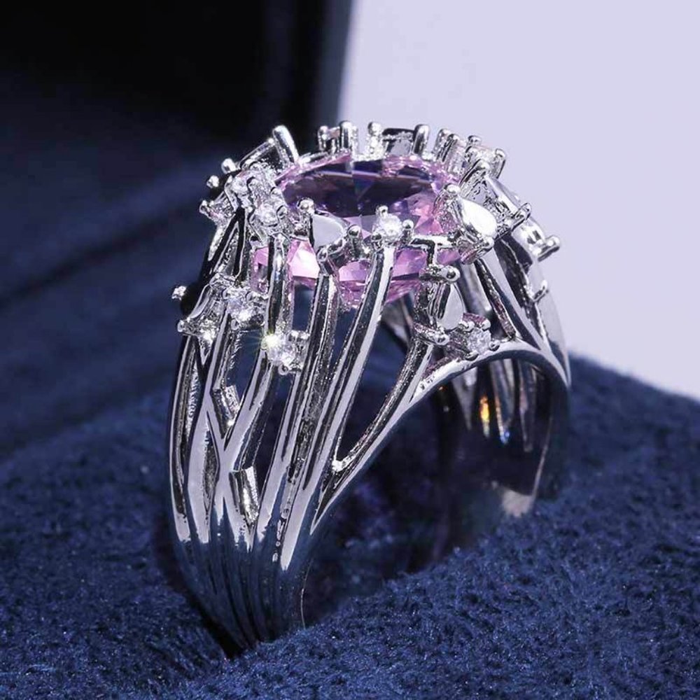 💞925 Silver Plated Hollow Pink Flower Engagement Ring, GPMB1546 - Picture 2 of 5